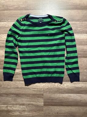 Tommy Hilfiger Navy & Green Striped Boatneck Sweater with Button Detail